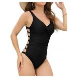 XL Women V Neck Side Cutouts Tummy Control One Pie