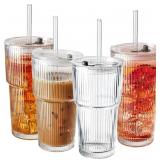 SUROQUE 20oz Ribbed Glass Tumblers with Lids & Str