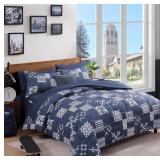 Plaid Queen Comforter Set Navy Blue 7 Pieces Bed i