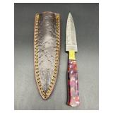 Damascus 8 Inch Dagger Knife with Brown Sheath, Pu