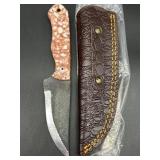 Damascus 8 Inch Pocket Knife with Sheath, Brown De
