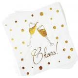 Cheers Cocktail Napkins, 160 Pack, White & Gold, D