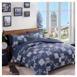 Plaid Queen Comforter Set Navy Blue 7 Pieces Bed i