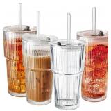 SUROQUE 20oz Ribbed Glass Tumblers with Lids & Str