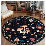 6 Ft Machine Washable Mushroom Round Rug, Non-Slip