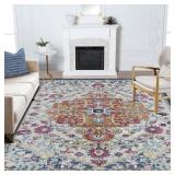 Area Rug 6x9 Washable Rug Blue/Orange/Beige Vintag