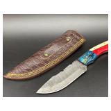 Damascus fixed blade hunting knife with filework s