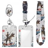 Funny Surfing Cat Riding a Dinosaur ID Badge Holde