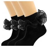 3 Pairs Girls Black Ruffle Socks - Turn Cuff Lace