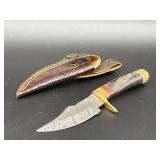 Custom Damascus fixed blade hunting knife with hor