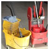 2 mop buckets with mops & window squeegies