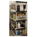 (4) 5 shelf plastic shelf units & (1) 2 shelf unit (4) 5 shelf plastic shelf units & (1) 2 shelf unit