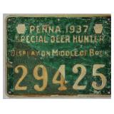 1937 Pennsylvania "Special Deer Hunter" metal