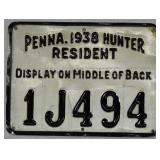 1938 Pennsylvania Resident Hunter metal license