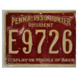 1939 Pennsylvania Resident Hunter metal license