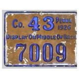 1926 Mercer County #43 Pennsylvania metal