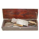 wood box with asstd meat cleavers and butcher