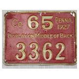 1927 PA metal hunting license Co. 65