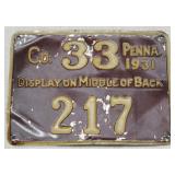 1931 PA metal hunting license Co. 33