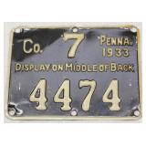 1933 PA metal hunting license Co. 7