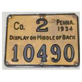 1934 PA metal hunting license Co. 2