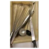 lug lot with 2 very large hand whisks, 4 & 6 oz.