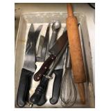 lug lot with assorted knives, whisk, sharpening