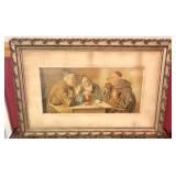 framed print of 3 monks conversing over a pint,