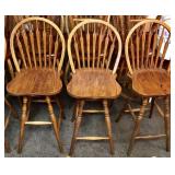3 oak round back swivel bar stools