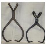 2 ice tongs, left stamped Bodenstein & Co.