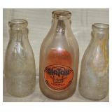 3 milk bottles, printed "Girton Farm Equipment,