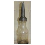 1 qt. vintage oil bottle, both tin spout and glass