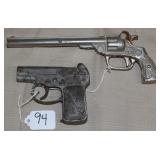 2 iron cap guns, "TWO TIME" revolver 9 1/2" long