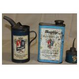 3 Maytag oil tins, 1 qt. half full w/orig cap,