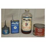 4 Maytag oil containers, 1 qt. bottle, half pint