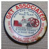 pin back advertising button, "GET ASSOCIATED"