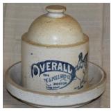 "Overall" blue stenciled stoneware poultry waterer