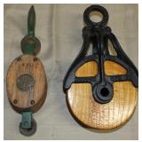 2 barn pulleys, iron Hudson Mfg Co. w/wdn sheave