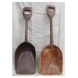 2 all wood shovels, 36" long, 1 has 1 side chipped