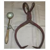 Ice Tongs & Gilchrist No. 31 brass ice cream scoop