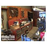 Red Work Bench Full of Contents, Bench Grinder, Ax
