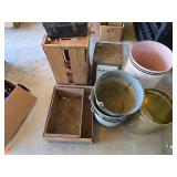 Wooden crates, galvanized buckets, Metal Oil Can,