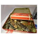 Assorted Knives and items in tin