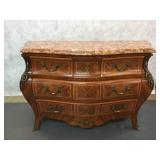 Italian marquetry marble top commode, 3 drawer, bronze