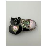 Vintage Silver Abalone and Onyx Cat Pin