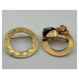Vintage Gold Tone Green Stone Brooch