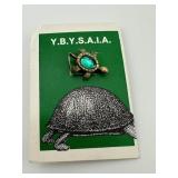 Vintage Gold Tone Green Stone Turtle Pin