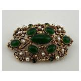 Vintage Florenza Green Stone and Pearl Brooch