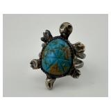 Vintage Signed Silver Turtle Ring with Carved