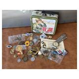 Vintage Pins, Coins, Watches in GI Tin